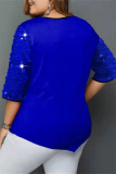 Blue Casual Print Sequins Patchwork O Neck Plus Size Tops