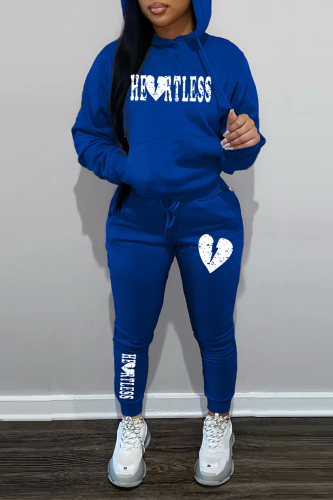 Blue White Street Print Patchwork Hooded Collar Long Sleeve Two Pieces