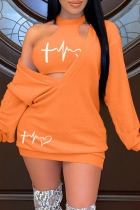 Orange Casual Print Basic O Neck Long Sleeve Two Pieces