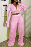 Pink Sexy Solid Bandage Patchwork V Neck Long Sleeve Two Pieces
