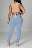 Light Blue Casual Solid Ripped Hollowed Out Frenulum Mid Waist Skinny Denim Jeans