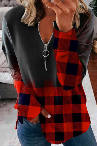 Black Casual Plaid Print Patchwork Zipper Collar Tops