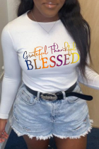 White Casual Print Patchwork Letter O Neck Tops