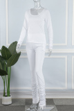 White Casual Solid Fold O Neck Long Sleeve Two Pieces