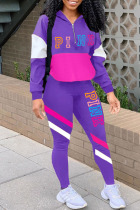 Purple Casual Letter Print Patchwork Zipper Collar Long Sleeve Two Pieces