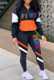 Orange Casual Letter Print Patchwork Zipper Collar Long Sleeve Two Pieces