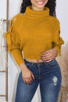 Ginger Casual Solid Bandage Hollowed Out Patchwork Turtleneck Tops