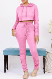 Pink Casual Solid Basic Hooded Collar Long Sleeve Two Pieces