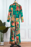 Green Street Print Patchwork Turndown Collar Long Sleeve Two Pieces