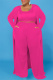 Rose Red Casual Solid Cardigan Vests Pants O Neck Plus Size Two Pieces