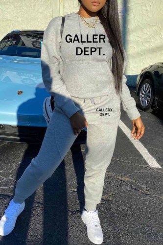 Light Gray Sportswear Print Letter Hooded Collar Long Sleeve Two Pieces