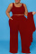 Burgundy Casual Solid Cardigan Vests Pants O Neck Plus Size Two Pieces