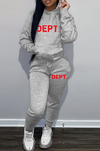 Grey Street Vintage Print Draw String Letter Hooded Collar Long Sleeve Two Pieces
