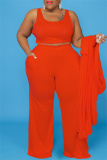 Orange Casual Solid Cardigan Vests Pants O Neck Plus Size Two Pieces