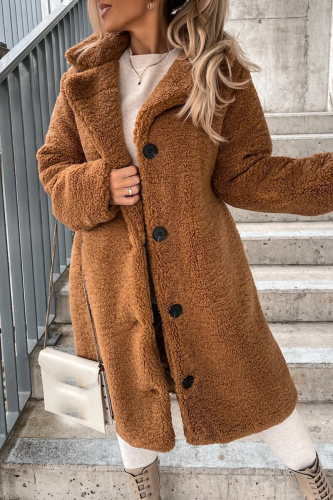 Brown Casual Solid Buckle Solid Color Turndown Collar Outerwear