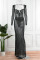 Blue Sexy Patchwork Hot Drilling See-through Backless Square Collar Long Sleeve Dresses