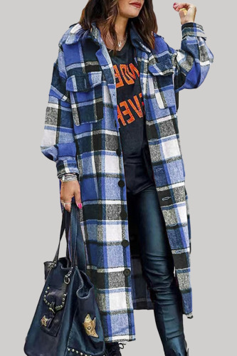 Blue Casual Plaid Patchwork Cardigan Turndown Collar Outerwear