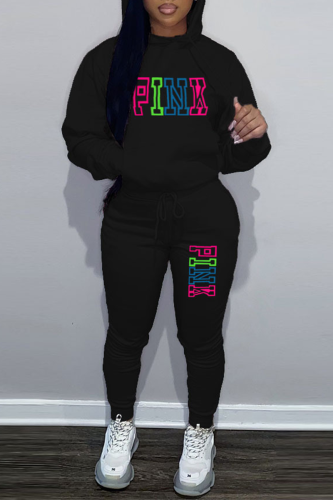 Black Street Print Patchwork Hooded Collar Long Sleeve Two Pieces