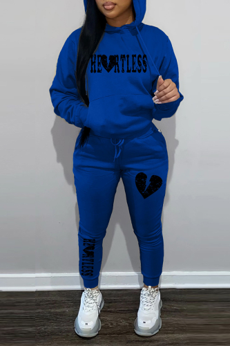 Royal Blue Street Print Patchwork Hooded Collar Long Sleeve Two Pieces