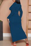 Peacock Blue Casual Solid Patchwork Buckle Fold Turndown Collar Pencil Skirt Dresses