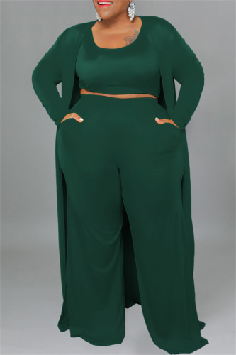 Green Casual Solid Cardigan Vests Pants O Neck Plus Size Two Pieces