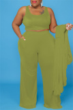 Light Green Casual Solid Cardigan Vests Pants O Neck Plus Size Two Pieces