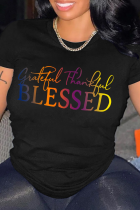 Black Street Daily Print Patchwork Letter O Neck T-Shirts