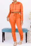 Orange Casual Solid Basic Hooded Collar Long Sleeve Two Pieces
