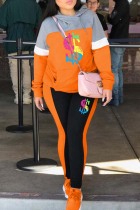 Orange Casual Print Patchwork Hooded Collar Long Sleeve Two Pieces