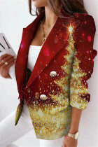 Red Casual Print Cardigan Turn-back Collar Outerwear
