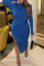 Blue Elegant Solid Patchwork Slit Half A Turtleneck One Step Skirt Dresses