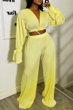 Yellow Sexy Solid Bandage Patchwork V Neck Long Sleeve Two Pieces