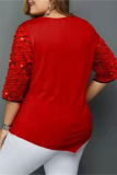 Red Casual Print Sequins Patchwork O Neck Plus Size Tops