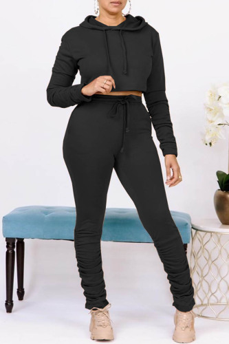 Black Casual Solid Basic Hooded Collar Long Sleeve Two Pieces