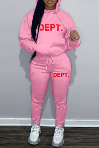 Pink Street Vintage Print Draw String Letter Hooded Collar Long Sleeve Two Pieces