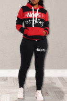 Red Casual Letter Striped Print Patchwork Basic Hooded Collar Long Sleeve Two Pieces