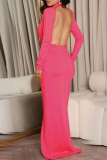 Rose Red Fashion Sexy Formal Solid Hollowed Out Backless Slit O Neck Evening Dress
