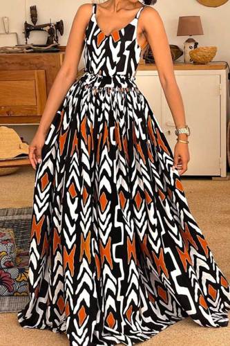 Black Sexy Print Patchwork Backless Fold Spaghetti Strap Sling Dress Dresses