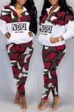 Red Casual Letter Camouflage Print Patchwork Zipper Collar Long Sleeve Two Pieces