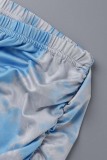 Blue Casual Print Tie Dye Draw String Frenulum Fold O Neck Plus Size Two Pieces