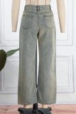 Yellow Casual Vintage Print Patchwork Low Waist Straight Denim Jeans