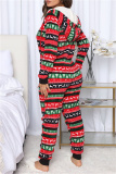 Green Casual Print Patchwork Hooded Collar Regular Jumpsuits