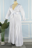 White Casual Solid Bandage Patchwork Fold V Neck Long Dress Plus Size Dresses