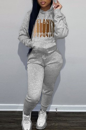 Grey Casual Print Patchwork Hooded Collar Long Sleeve Two Pieces
