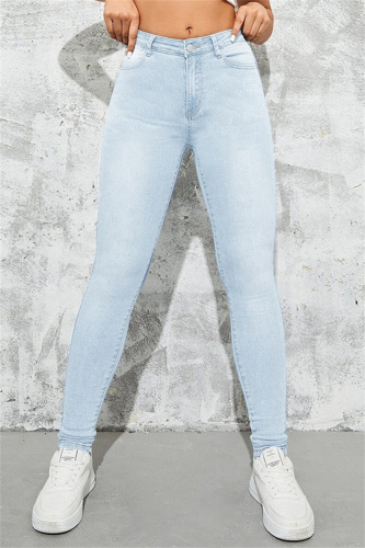 Light Blue Casual Solid Patchwork Basic High Waist Skinny Denim Jeans