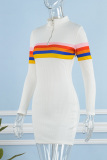 White Casual Striped Patchwork Zipper Collar Long Sleeve Dresses