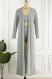 Grey Casual Solid Patchwork O Neck Long Sleeve Three-piece Set