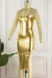 Gold Sexy Solid Backless Slit Spaghetti Strap Sleeveless Dress Dresses