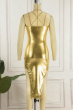 Gold Sexy Solid Backless Slit Spaghetti Strap Sleeveless Dress Dresses