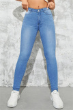 Deep Blue Casual Solid Patchwork Basic High Waist Skinny Denim Jeans